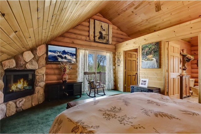 N5502 90th St, Elmwood, WI 54740 - carpeted bedroom with log walls, wood ceiling, access to outside, vaulted ceiling, and a stone fireplace