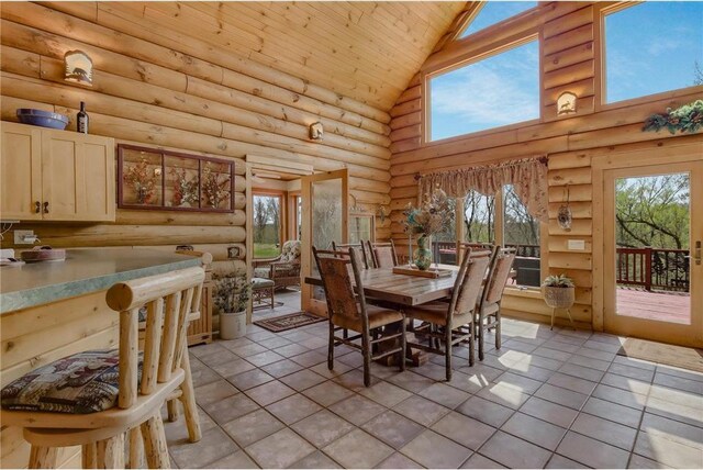 N5502 90th St, Elmwood, WI 54740 - dining space with log walls, high vaulted ceiling, wood ceiling, and light tile patterned floors