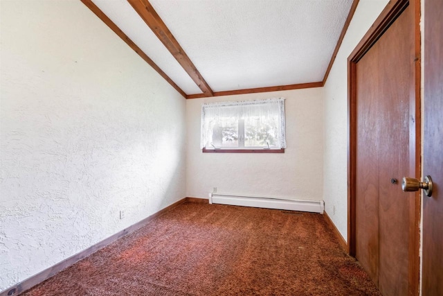 N8584 Snake Rd, Elkhart Lake, WI 53020 - spare room featuring baseboard heating, a textured wall, carpet flooring, and baseboards