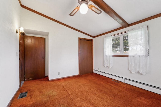 N8584 Snake Rd, Elkhart Lake, WI 53020 - carpeted empty room featuring a baseboard heating unit and a ceiling fan