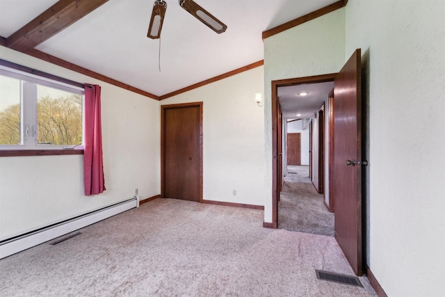 N8584 Snake Rd, Elkhart Lake, WI 53020 - unfurnished bedroom featuring lofted ceiling, carpet flooring, a baseboard heating unit, a ceiling fan, and baseboards