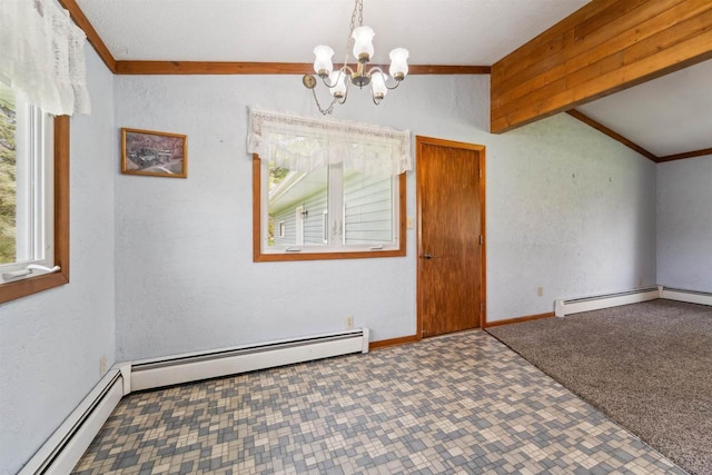 N8584 Snake Rd, Elkhart Lake, WI 53020 - unfurnished dining area featuring baseboard heating, a chandelier, a textured wall, carpet, and crown molding