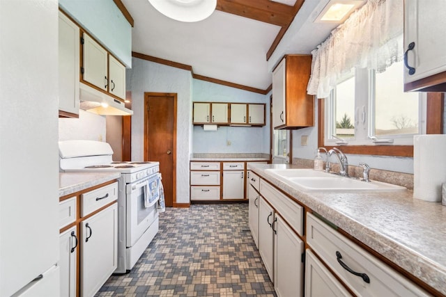 N8584 Snake Rd, Elkhart Lake, WI 53020 - kitchen with white gas stove, under cabinet range hood, a sink, light countertops, and lofted ceiling