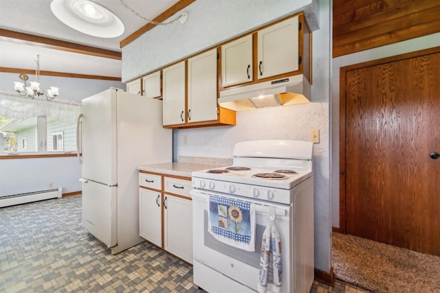 N8584 Snake Rd, Elkhart Lake, WI 53020 - kitchen featuring white appliances, under cabinet range hood, light countertops, a baseboard heating unit, and a chandelier
