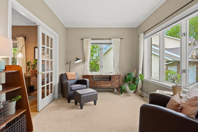 956 Kingston Cir, Sun Prairie, WI 53590 - living area featuring plenty of natural light, crown molding, carpet, and french doors