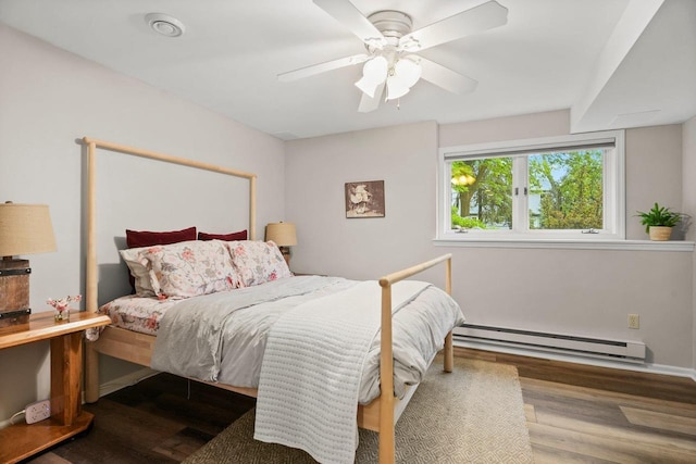 956 Kingston Cir, Sun Prairie, WI 53590 - bedroom featuring baseboard heating, wood finished floors, a ceiling fan, and baseboards