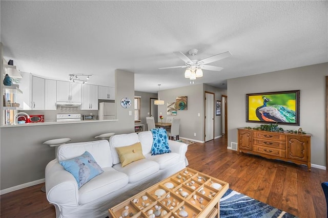 1141 134th Ave, Amery, WI 54001 - living room with a textured ceiling, baseboards, a ceiling fan, and wood finished floors