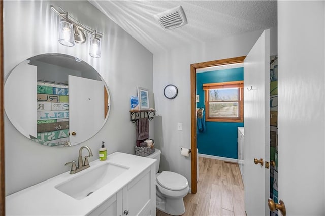 1141 134th Ave, Amery, WI 54001 - bathroom featuring wood finished floors, toilet, vanity, and a textured ceiling