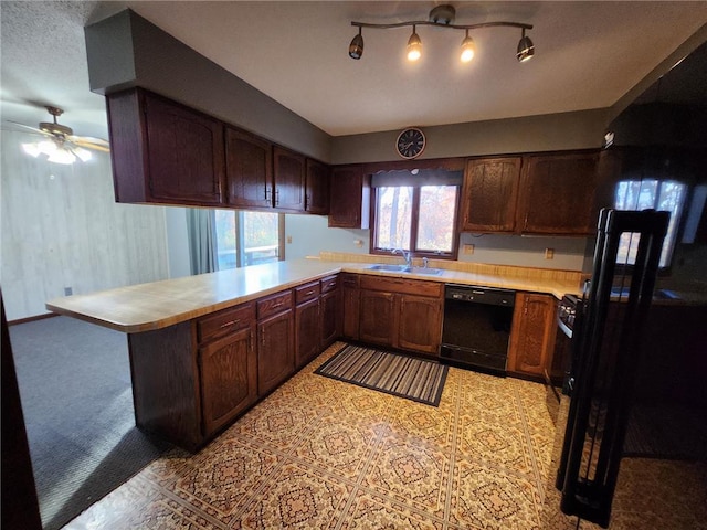 1451 90th Ave, Amery, WI 54001 - kitchen featuring dishwasher, a sink, a peninsula, ceiling fan, and light countertops