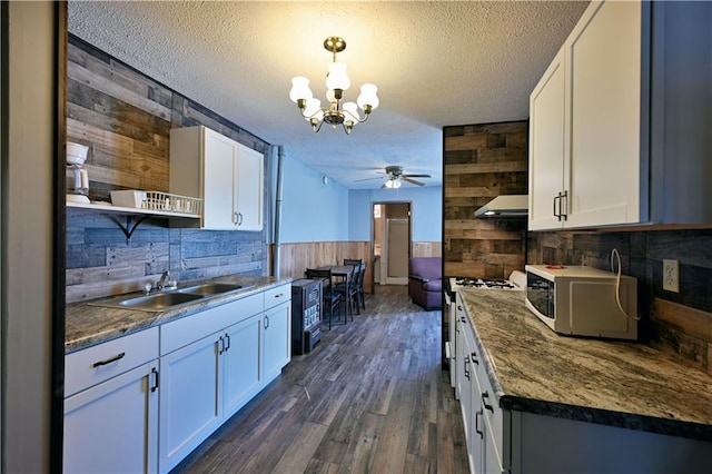 CABIN4 Gruenhagen Rd, Birchwood, WI 54817 - kitchen featuring a sink, ceiling fan, white microwave, open shelves, and wooden walls