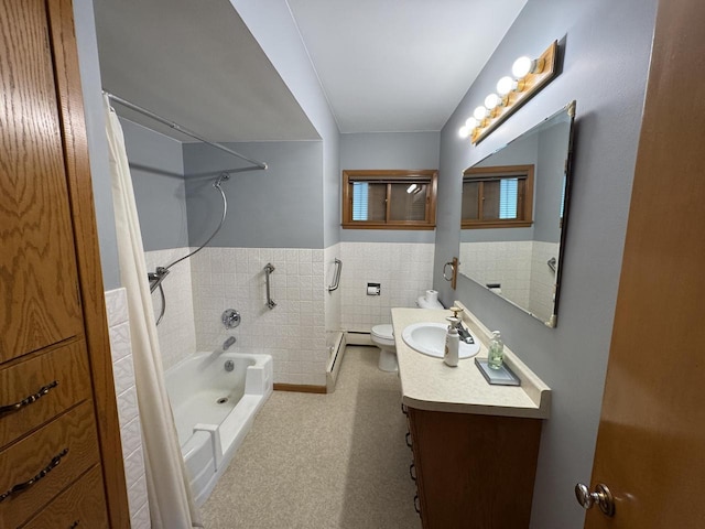 201 Broadway St, Rollingstone, MN 55969 - bathroom with tile walls, vanity, toilet, a wainscoted wall, and shower / bathtub combination with curtain