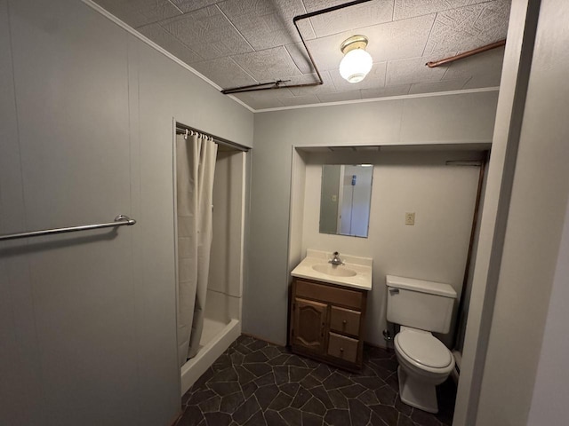 201 Broadway St, Rollingstone, MN 55969 - bathroom with toilet, a stall shower, vanity, crown molding, and tile patterned floors