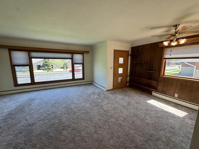 201 Broadway St, Rollingstone, MN 55969 - unfurnished living room featuring a baseboard heating unit, plenty of natural light, a textured ceiling, carpet flooring, and wooden walls