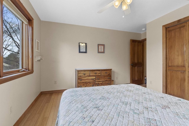 1229 Riverwood Ln, Sobieski, WI 02413 - bedroom with light wood finished floors, baseboards, and a ceiling fan