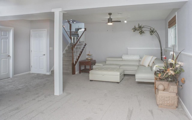 N2664 Grand Path, Wautoma, WI 54982 - living room with carpet flooring, stairs, a ceiling fan, and baseboards
