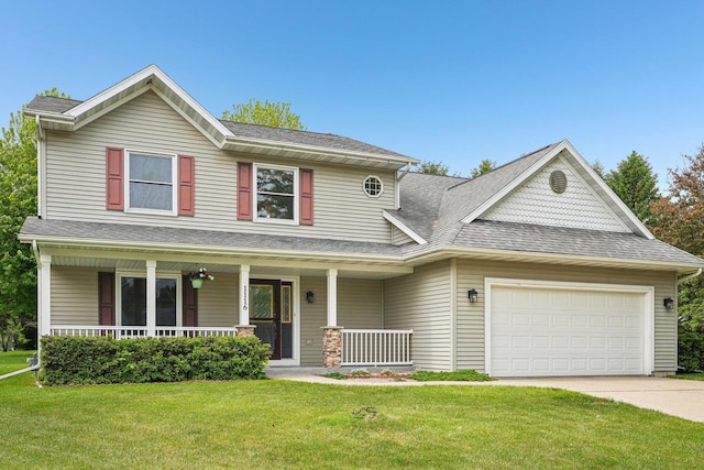 1116 Redwood Ct, Delavan, WI 53115 - view of front facade featuring a garage, a front lawn, driveway, covered porch, and roof with shingles