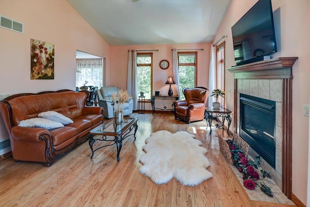 717 Larvik Ln, Stoughton, WI 53589 - living area with wood finished floors, lofted ceiling, a tile fireplace, and baseboards