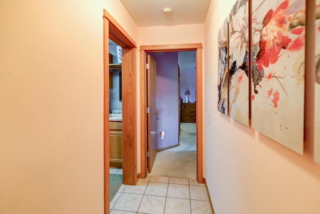 717 Larvik Ln, Stoughton, WI 53589 - hall featuring light tile patterned floors, baseboards, and light colored carpet