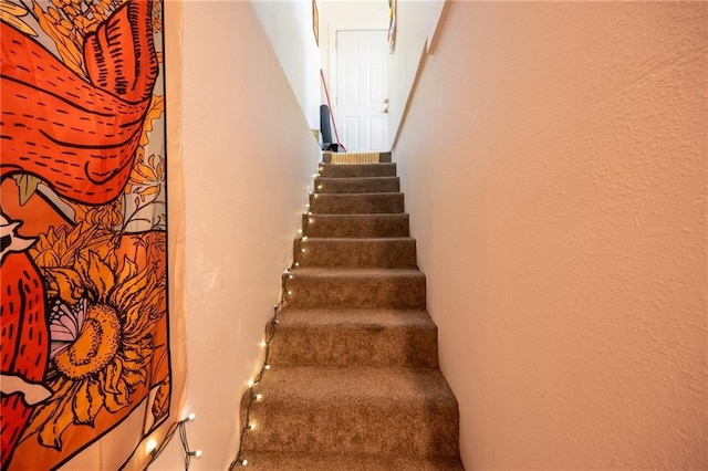 staircase with a textured wall