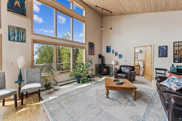 87985 Bark Point Rd, Herbster, WI 54844 - living area featuring a wood stove, a high ceiling, wood ceiling, and wood finished floors