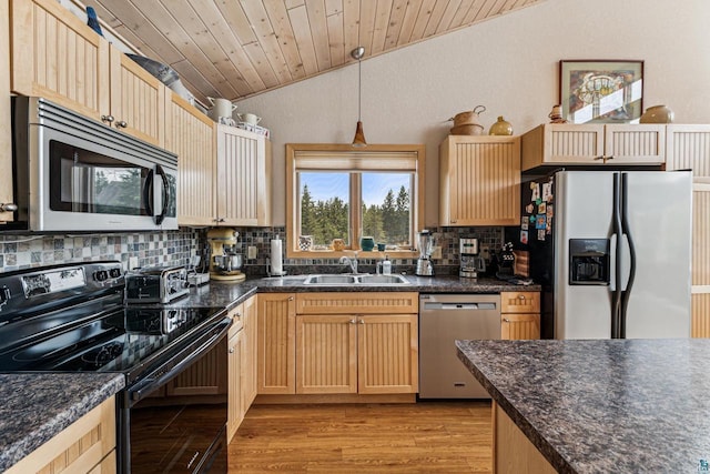 87985 Bark Point Rd, Herbster, WI 54844 - kitchen featuring appliances with stainless steel finishes, a sink, lofted ceiling, dark countertops, and wood ceiling