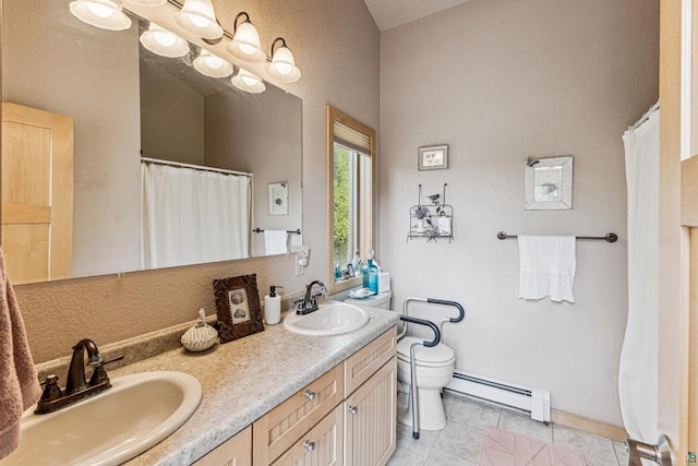 87985 Bark Point Rd, Herbster, WI 54844 - full bathroom with a baseboard radiator, toilet, double vanity, tile patterned floors, and curtained shower