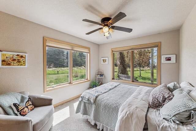 87985 Bark Point Rd, Herbster, WI 54844 - bedroom featuring a textured wall, multiple windows, carpet, ceiling fan, and baseboards
