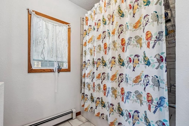 111 Rolphs Point Dr, Shell Lake, WI 54871 - full bath featuring a baseboard heating unit and curtained shower