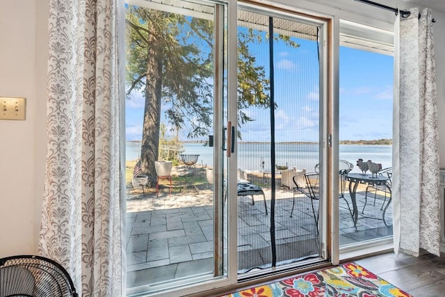 111 Rolphs Point Dr, Shell Lake, WI 54871 - entryway featuring a water view and wood finished floors