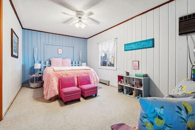111 Rolphs Point Dr, Shell Lake, WI 54871 - carpeted bedroom with crown molding, baseboard heating, a textured ceiling, ceiling fan, and baseboards