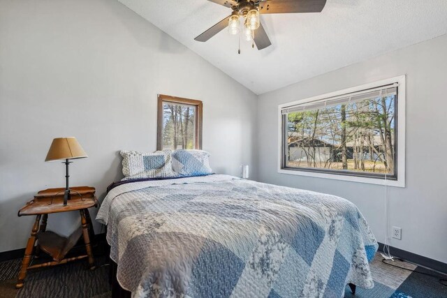 111 Rolphs Point Dr, Shell Lake, WI 54871 - bedroom featuring carpet floors, baseboards, multiple windows, a ceiling fan, and high vaulted ceiling