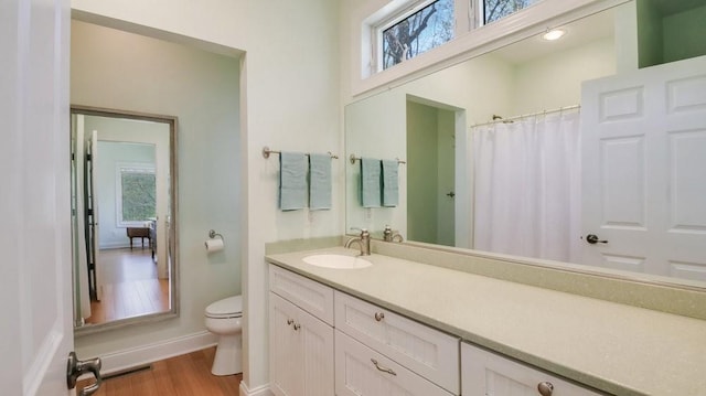 12384 98th St, Chippewa Falls, WI 54729 - bathroom featuring wood finished floors, toilet, vanity, baseboards, and a shower with shower curtain