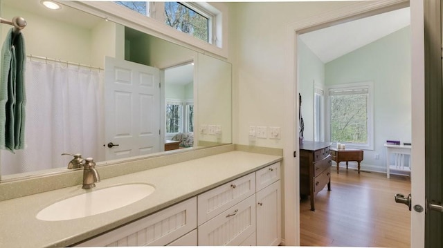 12384 98th St, Chippewa Falls, WI 54729 - bathroom with ensuite bath, healthy amount of natural light, lofted ceiling, wood finished floors, and vanity