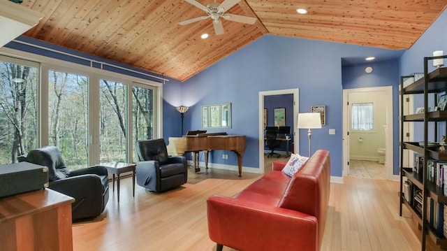 12384 98th St, Chippewa Falls, WI 54729 - sitting room featuring high vaulted ceiling, ceiling fan, wooden ceiling, wood finished floors, and baseboards
