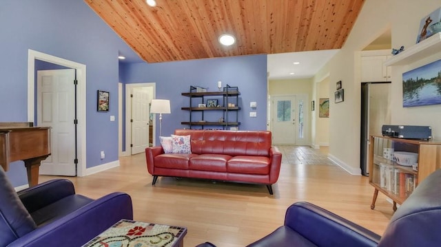 12384 98th St, Chippewa Falls, WI 54729 - living room featuring wood ceiling, light wood finished floors, baseboards, lofted ceiling, and recessed lighting