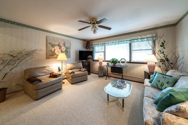 205 Country Club Dr Unit 3D, Lake Geneva, WI 53147 - carpeted living area with wallpapered walls, ceiling fan, and a baseboard radiator