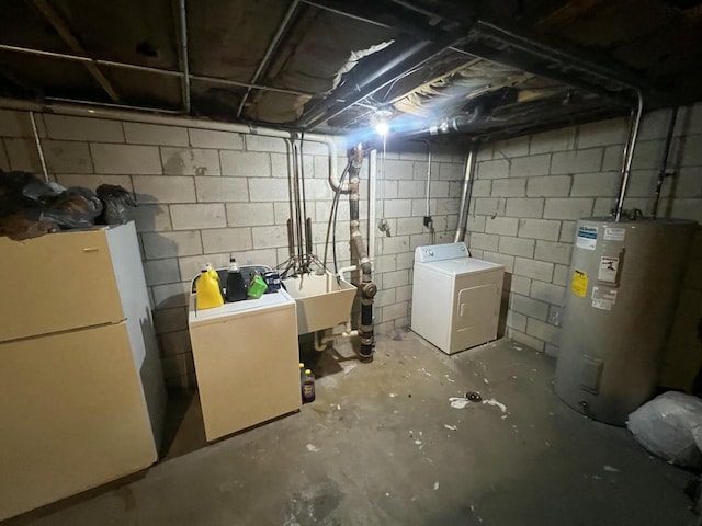 8657 N 73rd St, Milwaukee, WI 53223 - unfinished below grade area with freestanding refrigerator, water heater, a sink, and fridge