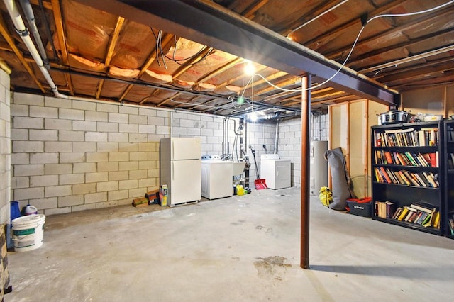 8657 N 73rd St, Milwaukee, WI 53223 - unfinished basement featuring freestanding refrigerator, washing machine and dryer, water heater, and concrete block wall