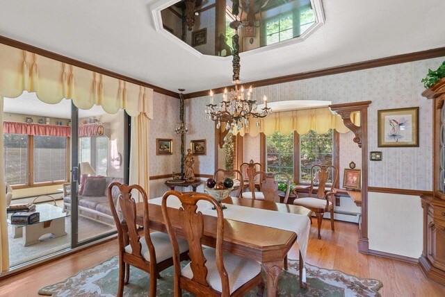 4151 Elmwood Rd, Colgate, WI 53017 - dining room with wallpapered walls, a chandelier, wainscoting, healthy amount of natural light, and wood finished floors