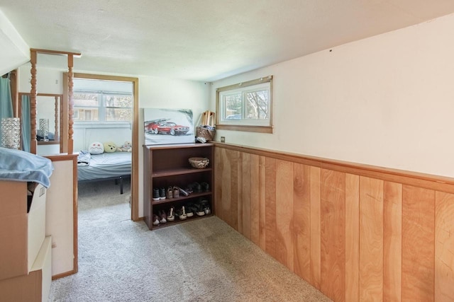 552 11th St, Kenosha, WI 53140 - carpeted bedroom featuring wainscoting and wood walls