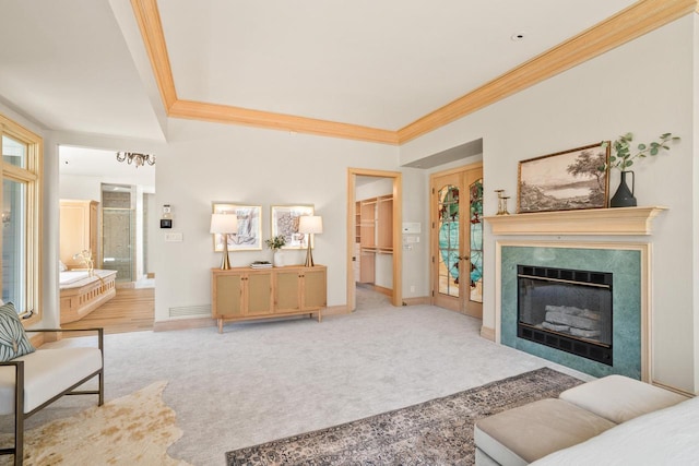 889 Horns Corners Rd, Cedarburg, WI 53012 - living area with ornamental molding, a premium fireplace, baseboards, and carpet floors