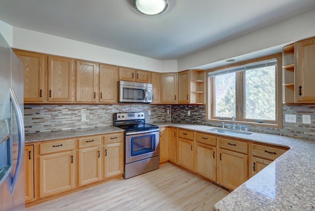 821 Ondossagon Way, Madison, WI 53719 - kitchen with appliances with stainless steel finishes, open shelves, a sink, tasteful backsplash, and light wood-style flooring