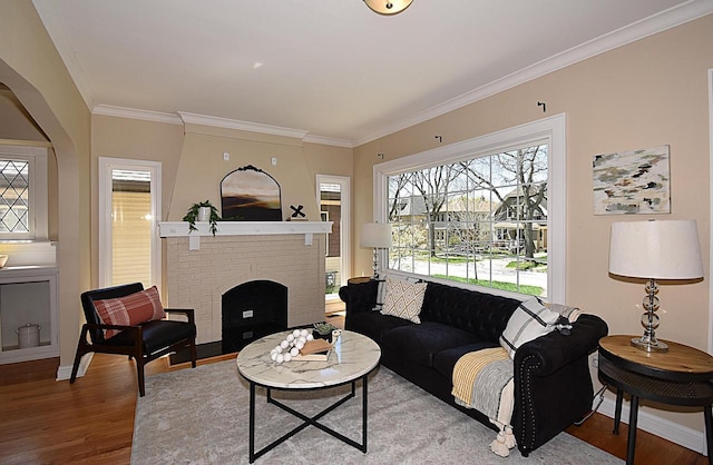 living area featuring wood finished floors, ornamental molding, a fireplace, and baseboards
