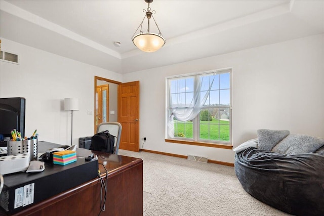 2583 Countryside Ln, Richfield, WI 53076 - office space with light carpet, baseboards, and a tray ceiling