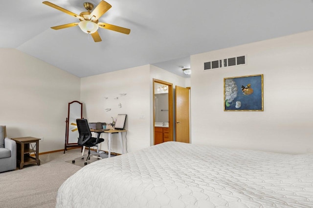 bedroom featuring carpet flooring, vaulted ceiling, baseboards, and a ceiling fan