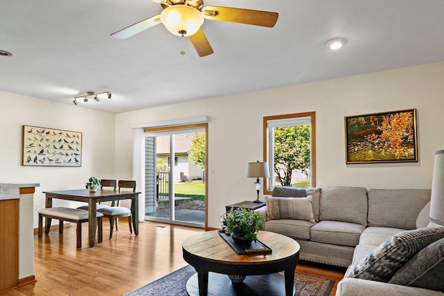 living area featuring light wood-type flooring, healthy amount of natural light, and a ceiling fan