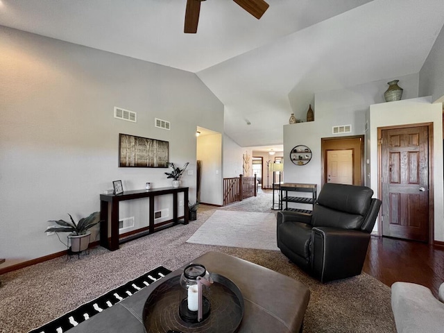 3960 Scenic Way Unit 4, Franksville, WI 53126 - carpeted living area with ceiling fan, baseboards, and high vaulted ceiling