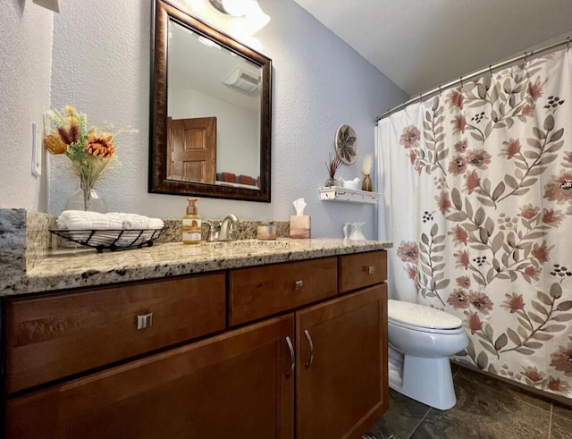 3960 Scenic Way Unit 4, Franksville, WI 53126 - full bath featuring toilet, vanity, a textured wall, and curtained shower
