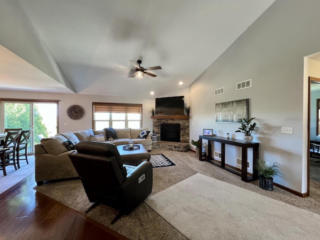 3960 Scenic Way Unit 4, Franksville, WI 53126 - living area featuring vaulted ceiling, a ceiling fan, healthy amount of natural light, a fireplace, and recessed lighting