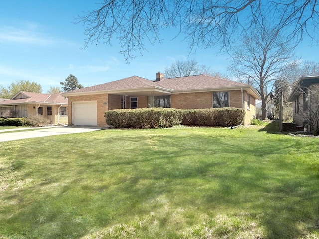 single story home featuring concrete driveway, brick siding, an attached garage, a front lawn, and a chimney